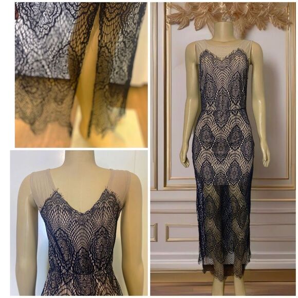 ❤️SOLD🎉Poetry Nude Mesh Black Lace Stretchy Maxi Dress Size Medium - Picture 3 of 9